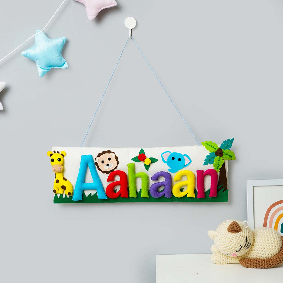 Handcrafted Animal Safari Themed Rectangle Felt Name Plate For Kids - Hanging on Wall Hook Display