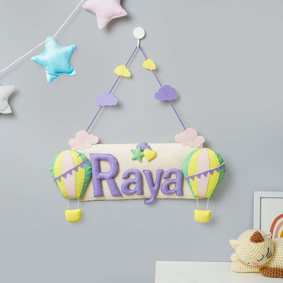 Handcrafted Hot Air Balloon Themed Rectangle Felt Name Plate For Kids - Hanging on Wall Hook Display