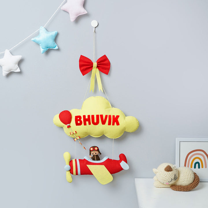 Handmade Personalized Felt Name Hanging Yellow Aviator - Hanging Personalization Example on Wall