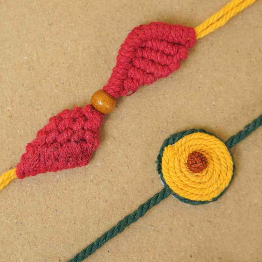 Handmade Macrame Cotton Bhaiya Bhabhi Rakhi With Roli Chawal Set Of 2 - Close-up of two bracelets