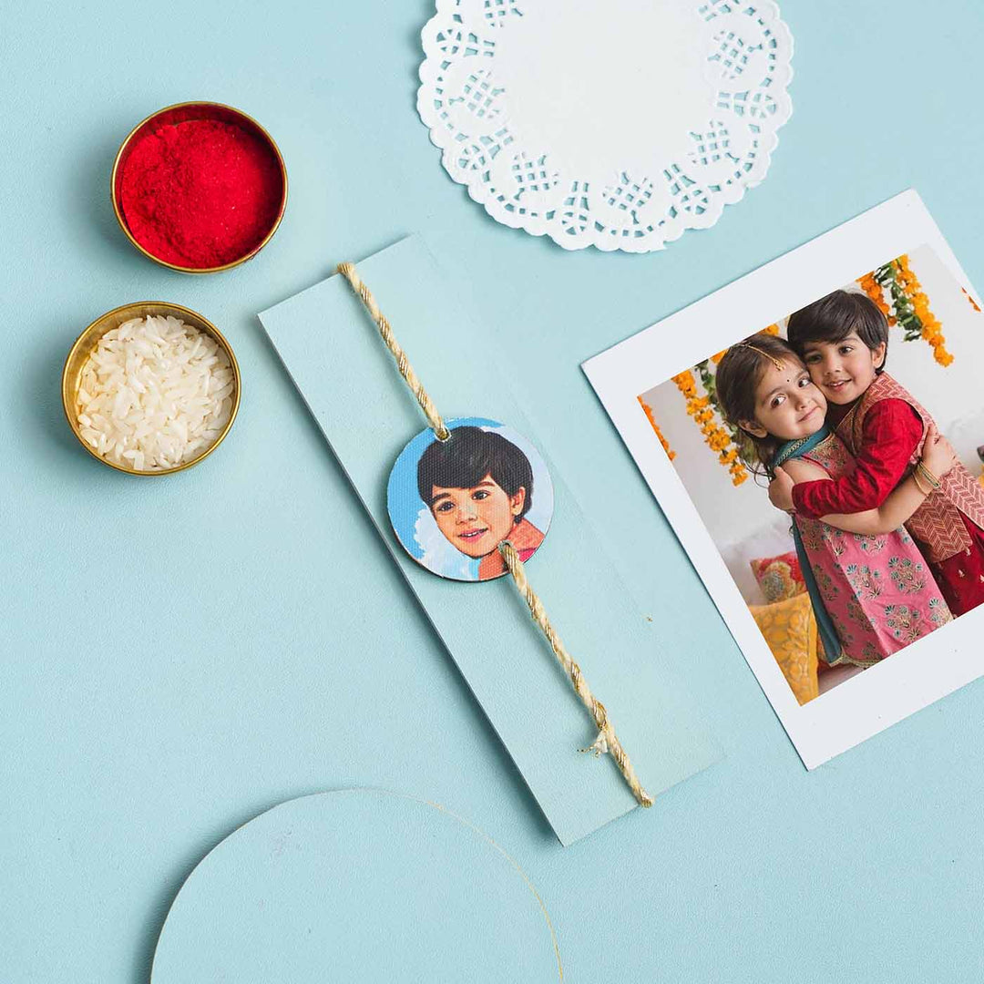 Handpainted Personalized Caricature Rakhi With Roli Chawal 3 - Packaged with festive items