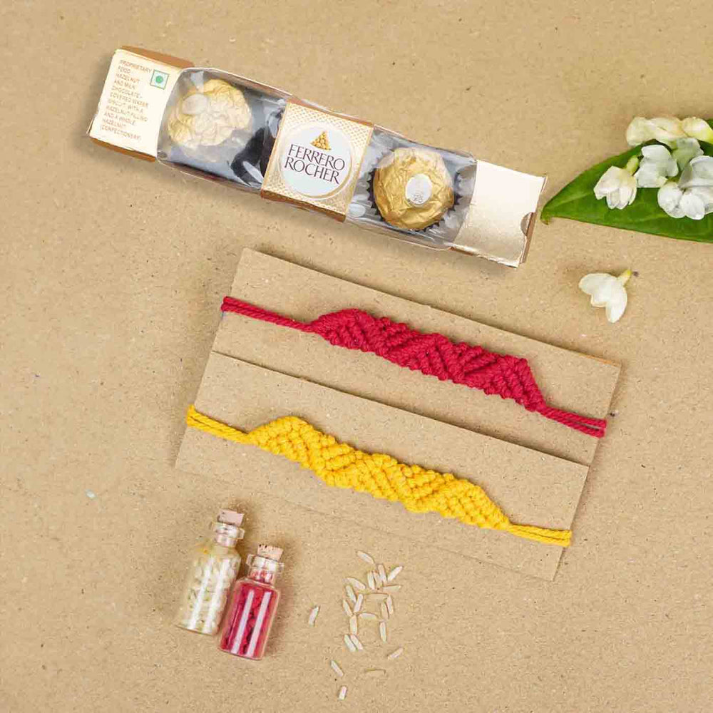 Handmade Macrame Red And Yellow Cotton Bracelet Rakhi With Roli Chawal Set Of 2 - Bracelets with Gift Items Display