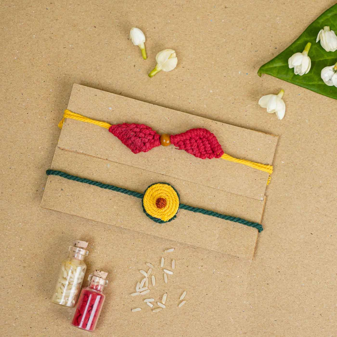 Handmade Macrame Cotton Bhaiya Bhabhi Rakhi With Roli Chawal Set Of 2 - Bracelets with decorations overhead