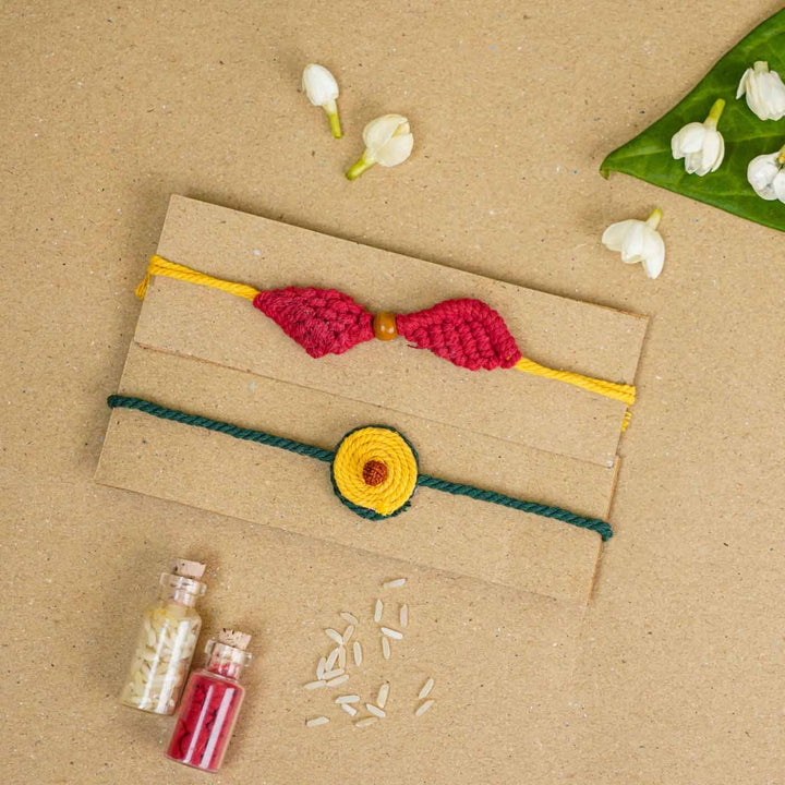 Handmade Macrame Cotton Bhaiya Bhabhi Rakhi With Roli Chawal Set Of 2 - Bracelets with decorations overhead