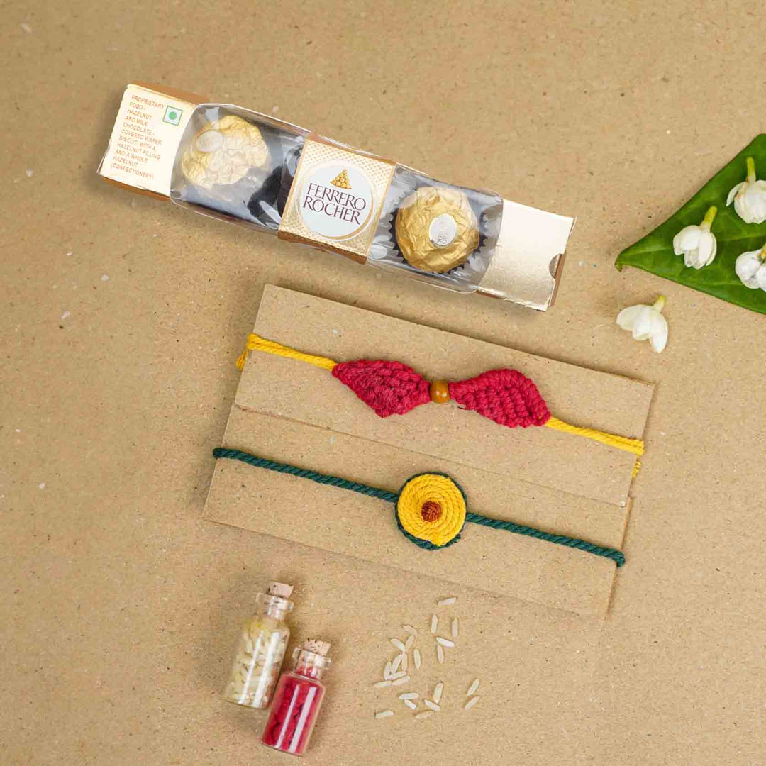 Handmade Macrame Cotton Bhaiya Bhabhi Rakhi With Roli Chawal Set Of 2 - Bracelets with chocolates and decorations