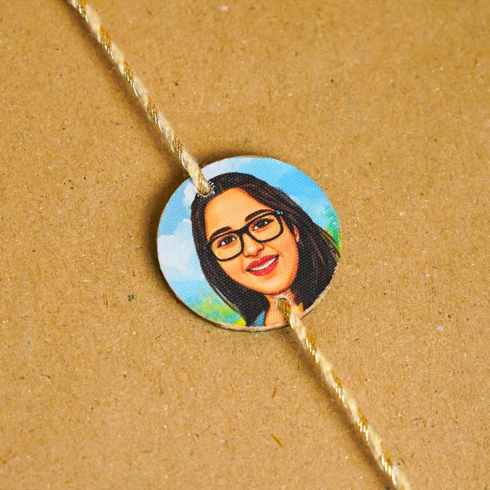 Handpainted Photo Customized Caricature Rakhi With Roli Chawal - Close-up of Personalized Rakhi Face