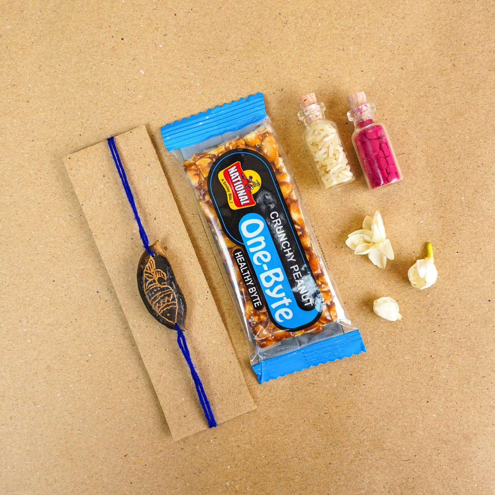Handmade Plantable Blue Fish Seed Rakhi With Roli Chawal - Bracelet with packaging and sweets