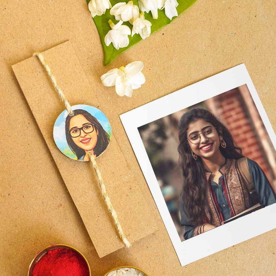 Handpainted Photo Customized Caricature Rakhi With Roli Chawal - Gift Packaging with Rakhi and Photo