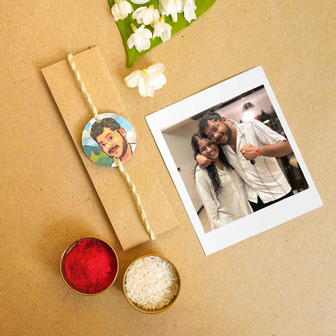Handpainted Personalized Caricature Rakhi With Roli Chawal - Packaged with accessories