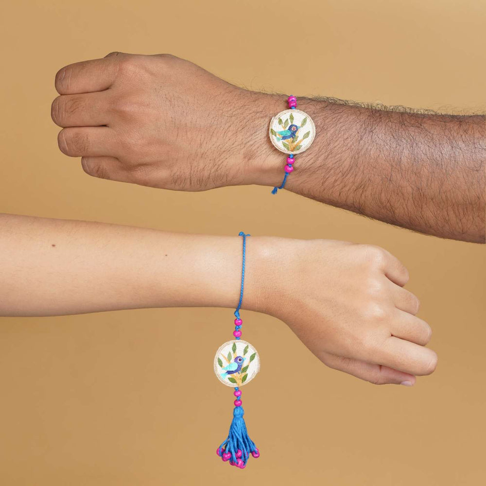 Handmade Pressed Flower Art Bluebird Jute Lumba Rakhi For Bhabhi With Roli Chawal - Worn on Wrists by Models
