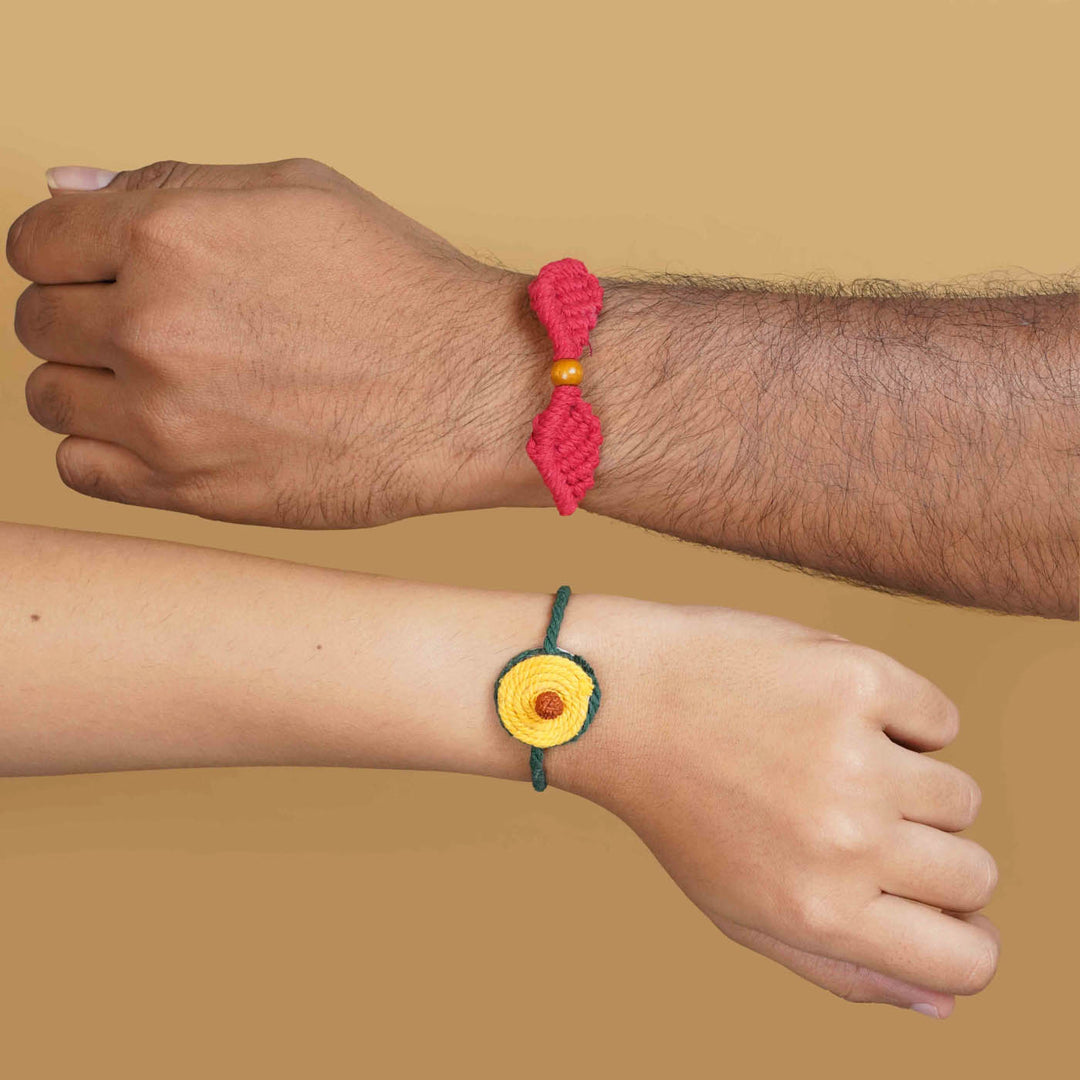 Handmade Macrame Cotton Bhaiya Bhabhi Rakhi With Roli Chawal Set Of 2 - Bracelets worn on wrists
