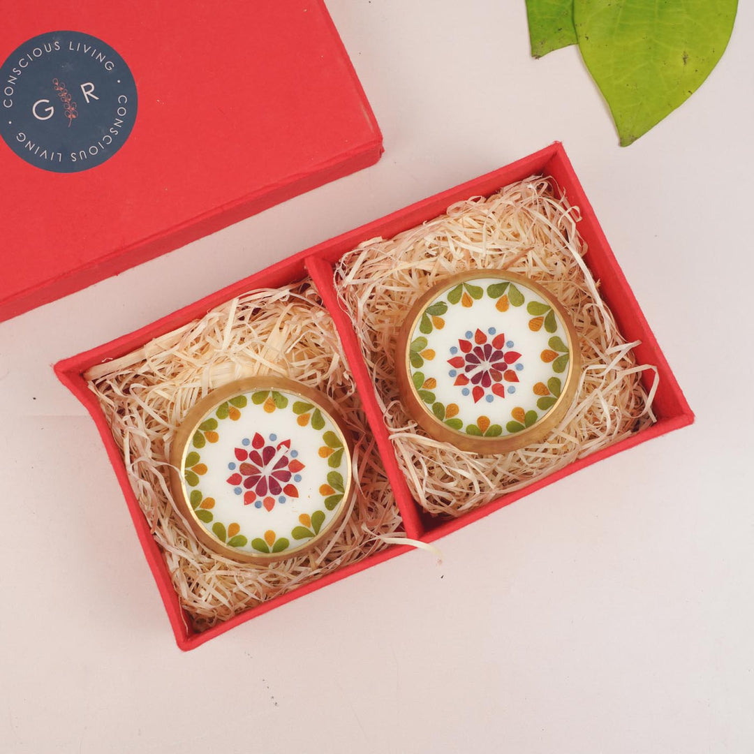 3 Inch | Handmade Pressed Flower Brass Diya Gift Box | Set Of 2