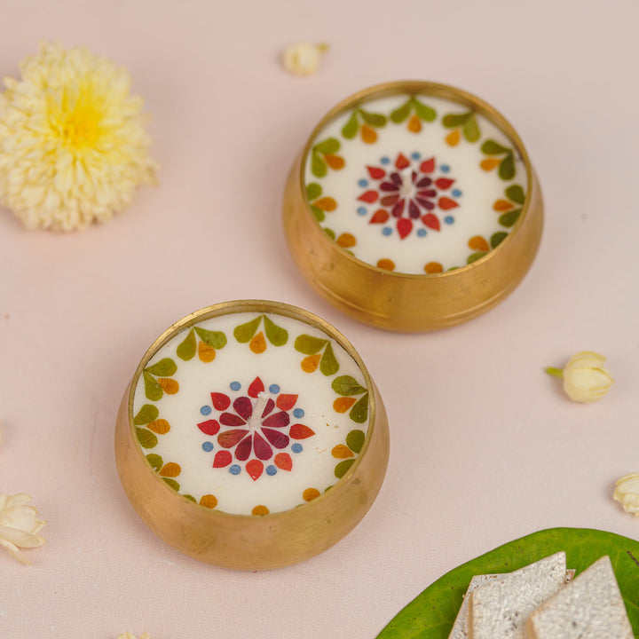 3 Inch | Handmade Pressed Flower Brass Diya Gift Box | Set Of 2