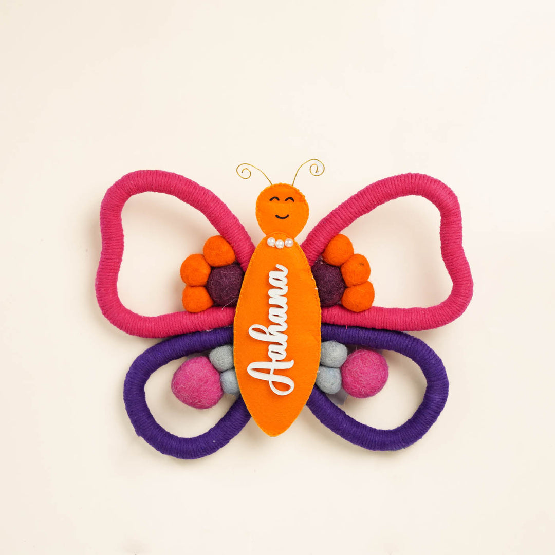 Personalized Handmade Macrame Butterfly Kids Name Plate With 3D Letters - Front View with Name Personalization