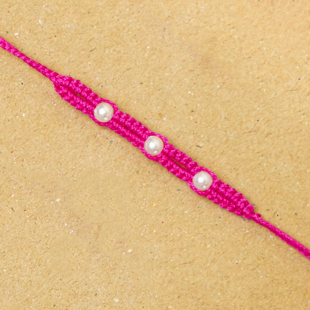 Handmade Macrame Three Pearl Rakhi With Roli Chawal - Close-up Front View (13)