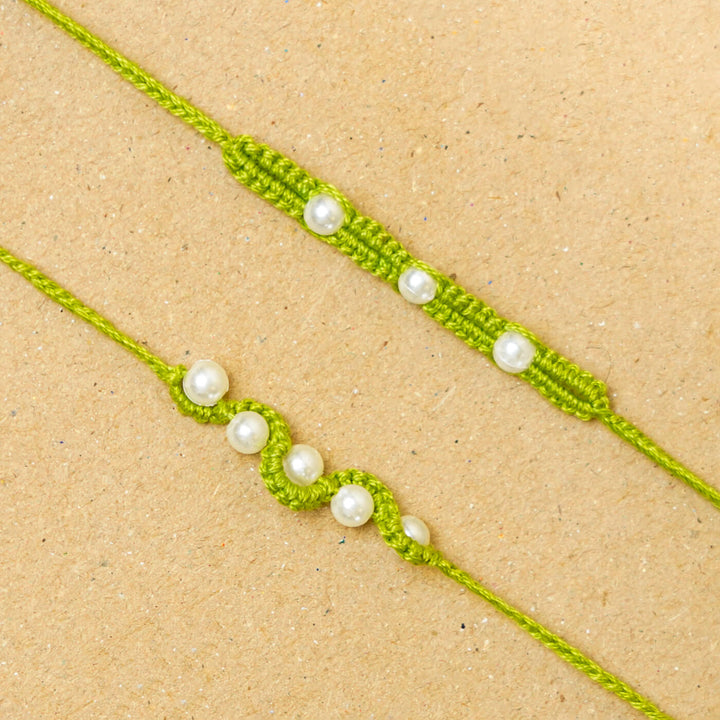 Handmade Macrame Beaded Rakhi With Roli Chawal Set Of 2 1 - Close-up of green rakhis