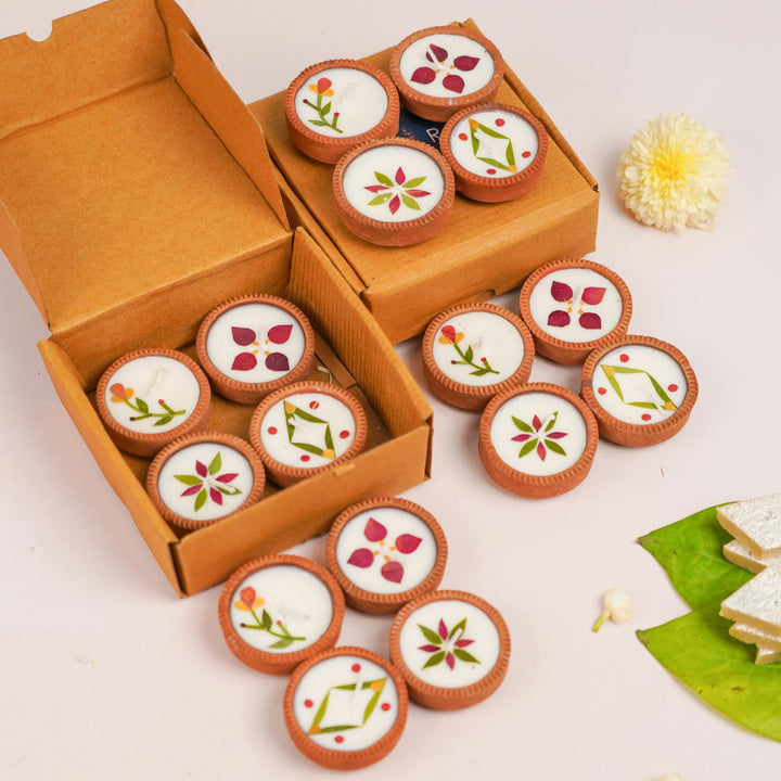 Set of 20 | Soy Wax & Dry Flower Terracotta Festive Diyas | 4 Boat Diyas + 16 Round Diyas
