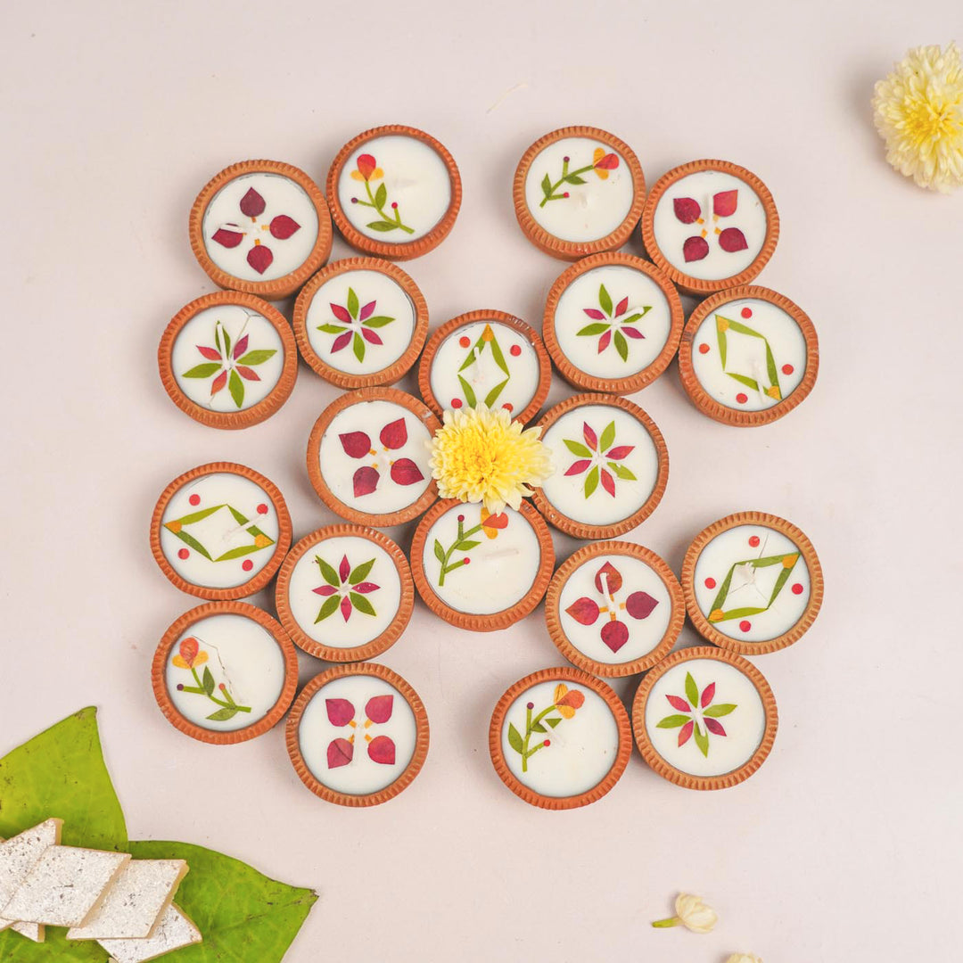 Set of 20 | Soy Wax & Dry Flower Terracotta Festive Diyas | 4 Boat Diyas + 16 Round Diyas