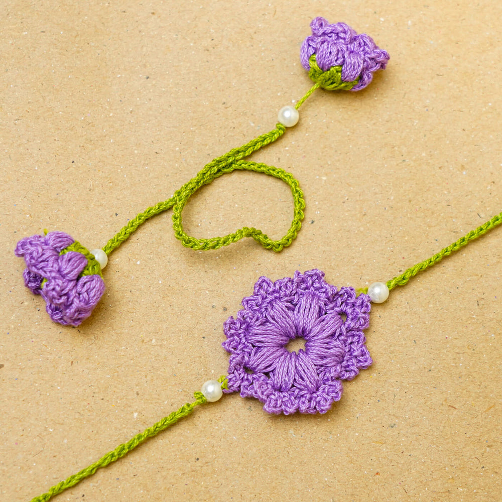 Handmade Crochet Floral Cotton Bhaiya Bhabhi Rakhi With Roli Chawal Set Of 2 - Crochet Rakhi Set Close-up