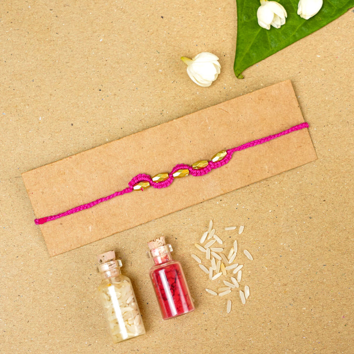 Handmade Macrame Five Gold Beaded Rakhi With Roli Chawal - Beaded Bracelet on Card with Flowers (15)