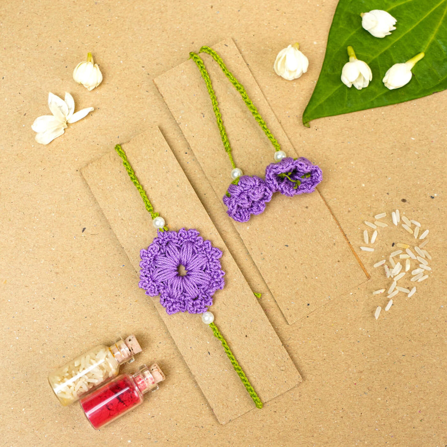 Handmade Crochet Floral Cotton Bhaiya Bhabhi Rakhi With Roli Chawal Set Of 2 - Crochet Rakhi Set Front View