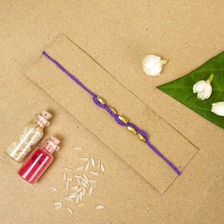 Handmade Macrame Five Gold Beaded Rakhi With Roli Chawal - Beaded Bracelet with Snack Pack (20)