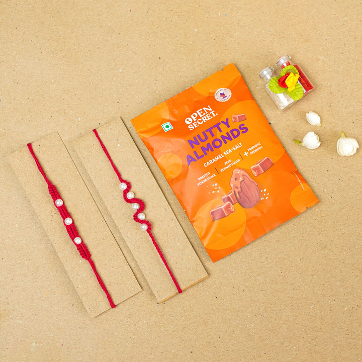 Handmade Macrame Beaded Rakhi With Roli Chawal Set Of 2 1 - Red rakhis with gift pack