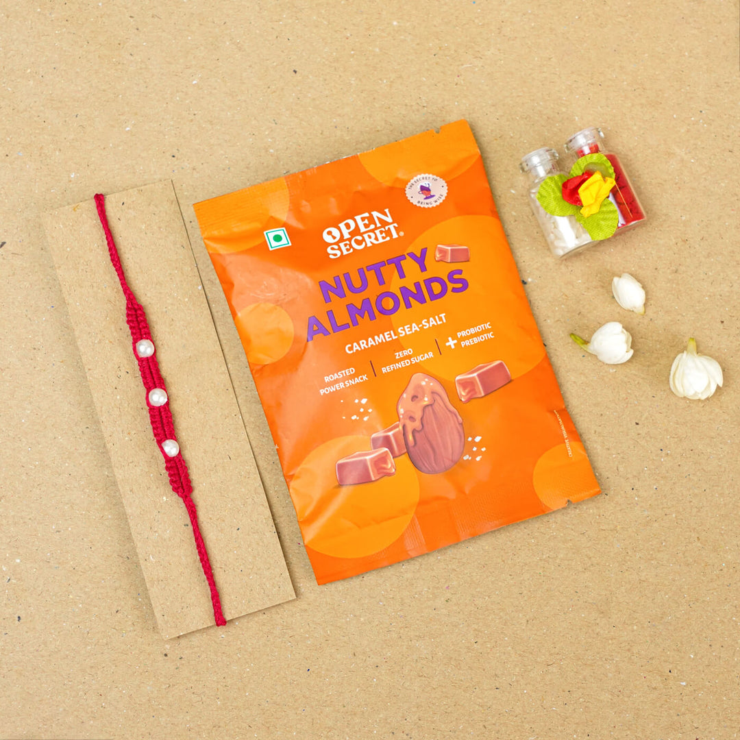 Handmade Macrame Three Pearl Rakhi With Roli Chawal - Flat Lay with Gift Packaging (23)