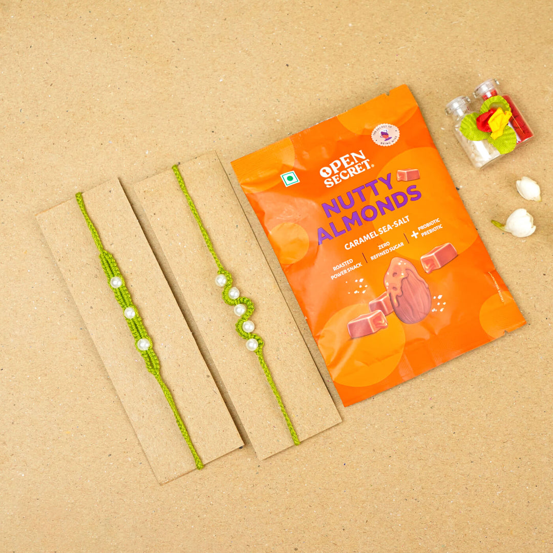 Handmade Macrame Beaded Rakhi With Roli Chawal Set Of 2 1 - Green rakhis with gift pack