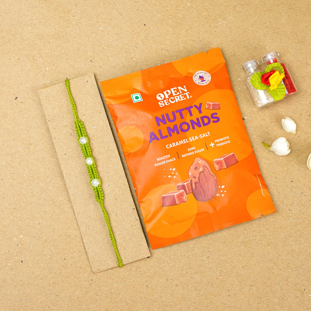 Handmade Macrame Three Pearl Rakhi With Roli Chawal - Flat Lay with Gift Packaging (7)
