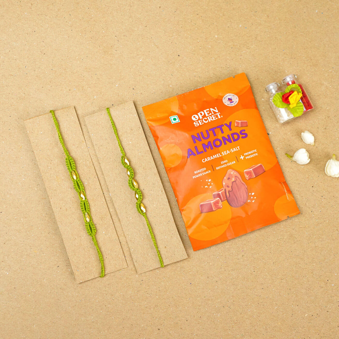 Handmade Macrame Beaded Rakhi With Roli Chawal Set Of 2 - Green pair with packaging