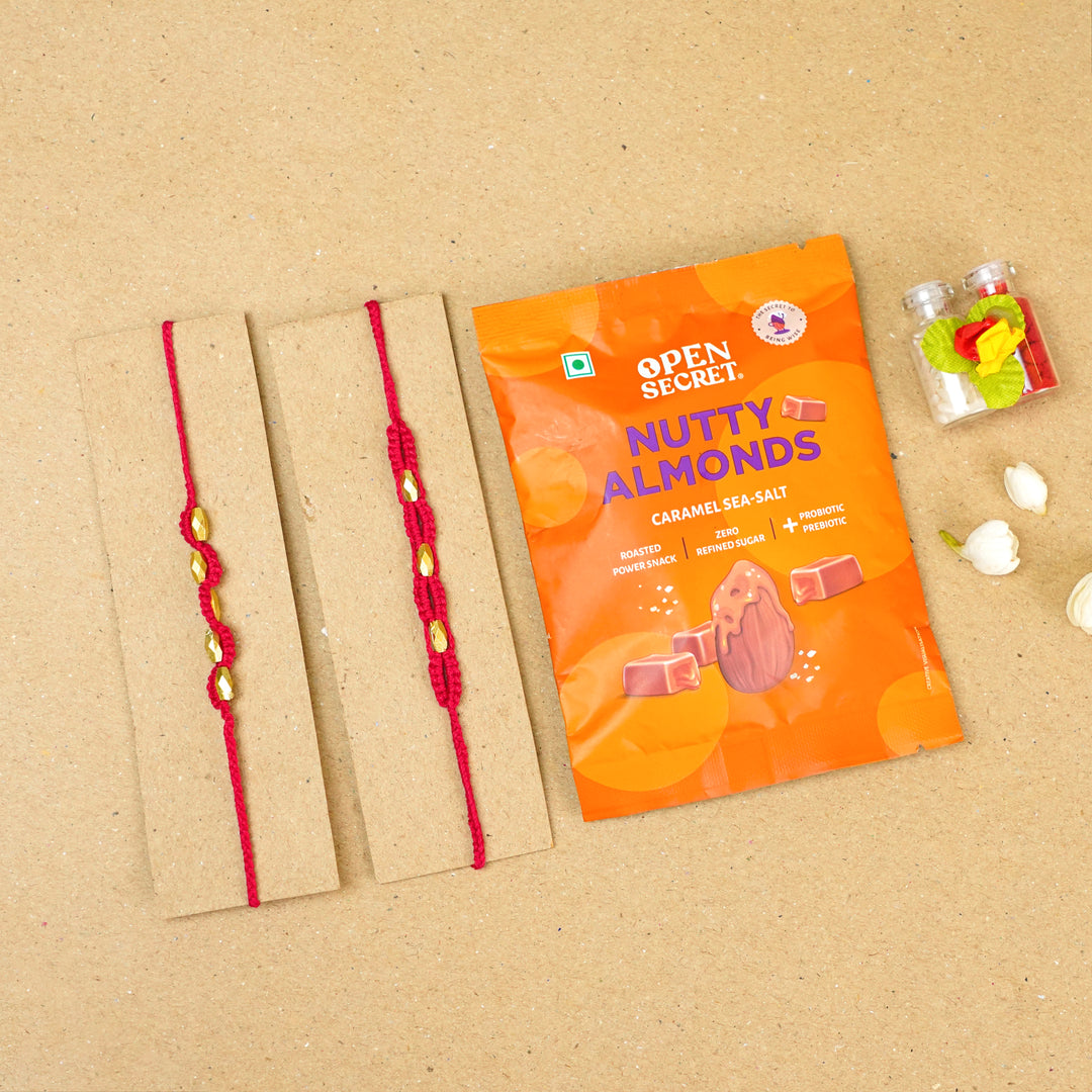 Handmade Macrame Beaded Rakhi With Roli Chawal Set Of 2 - Red pair with packaging
