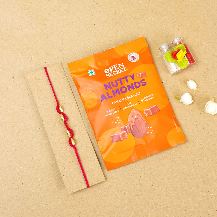 Handmade Macrame Five Gold Beaded Rakhi With Roli Chawal - Beaded Bracelet on Card with Flowers (23)