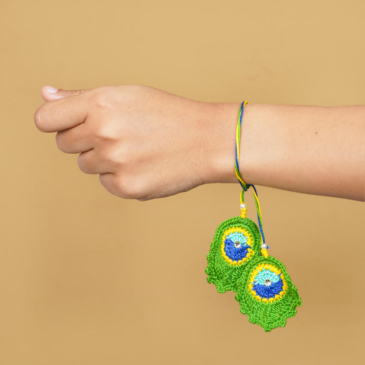 Handmade Crochet Peacock Feather Cotton Lumba Rakhi For Bhabhi With Roli Chawal - Worn on Wrist