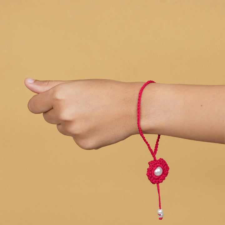 Handmade Crochet Round Pearl Cotton Lumba Rakhi For Bhabhi With Roli Chawal - Worn on wrist (15)