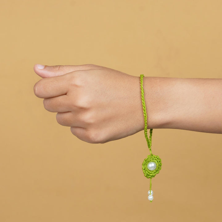 Handmade Crochet Round Pearl Cotton Lumba Rakhi For Bhabhi With Roli Chawal - Worn on wrist (7)