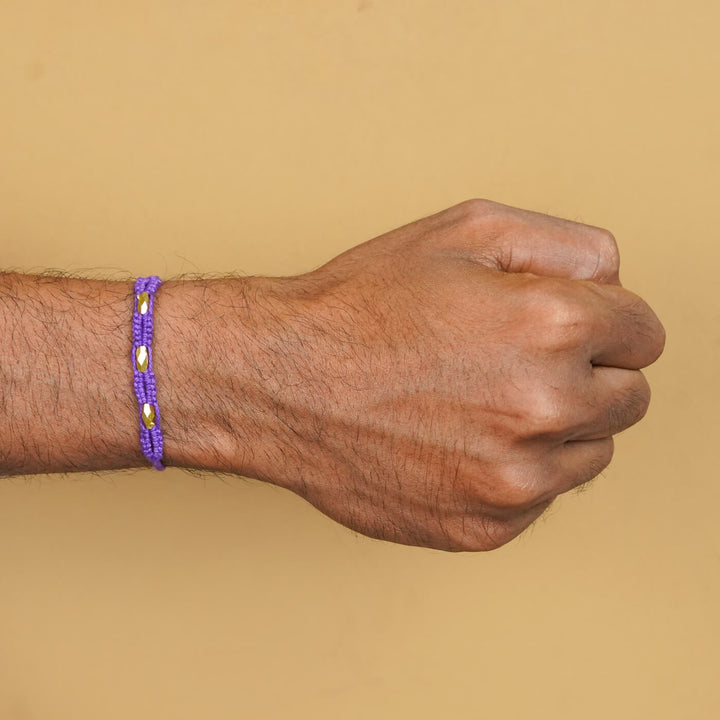 Handmade Macrame Three Gold Beaded Rakhi With Roli Chawal - Worn on Wrist (21)
