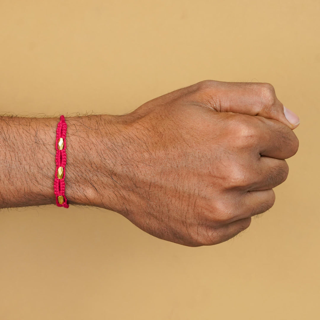 Handmade Macrame Three Gold Beaded Rakhi With Roli Chawal - Worn on Wrist (24)