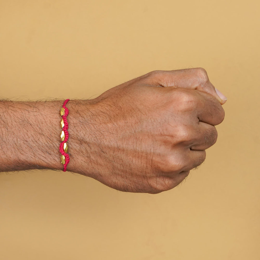 Handmade Macrame Five Gold Beaded Rakhi With Roli Chawal - Beaded Bracelet with Snack Pack (24)