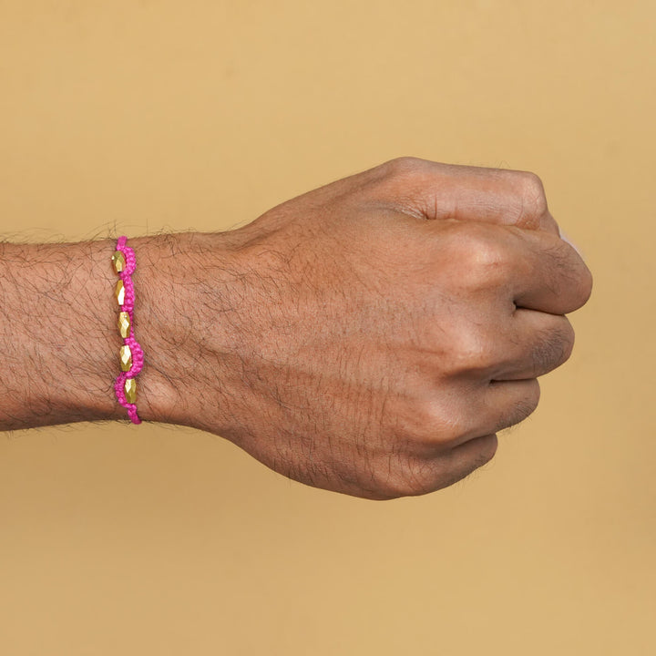 Handmade Macrame Five Gold Beaded Rakhi With Roli Chawal - Wrist Wearing Beaded Bracelet (17)