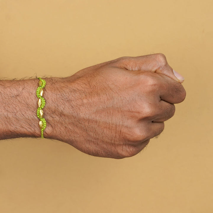 Handmade Macrame Five Gold Beaded Rakhi With Roli Chawal - Wrist Wearing Beaded Bracelet (9)
