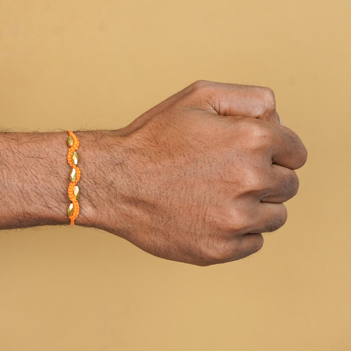 Handmade Macrame Five Gold Beaded Rakhi With Roli Chawal - Wrist Wearing Beaded Bracelet (13)