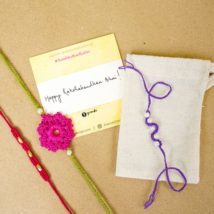 Handmade Crochet Round Pearl Cotton Rakhi With Roli Chawal - Assorted bracelets with gift bag and card