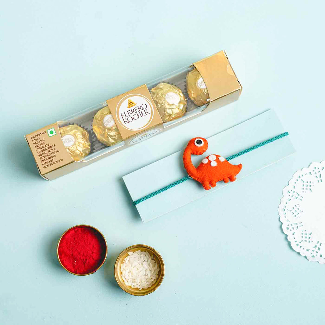 Handmade Dinosaur Felt Kids Rakhi With Roli Chawal - Dinosaur Rakhi with Chocolates Display