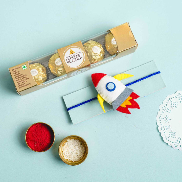 Handmade Felt Rocket Kids Rakhi With Roli Chawal - Rocket Charm with Rakhi and Gifts Arrangement