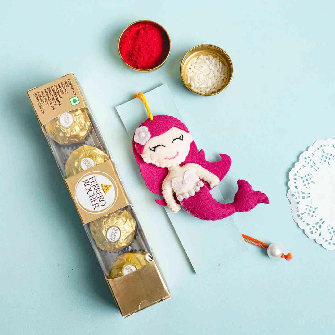 Personalized Handmade Mermaid Felt Rakhi With Roli Chawal - Gift Set Arrangement with Chocolates