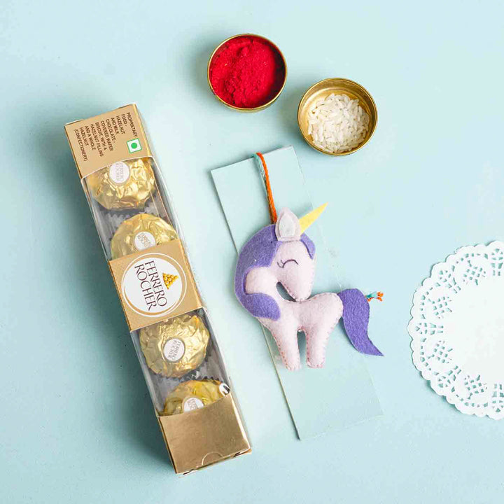 Personalized Handmade Unicorn Felt Rakhi With Roli Chawal - With Gift Box and Styling Elements