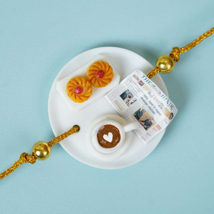 Handmade Miniature Clay Coffee Rakhi With Roli Chawal - Close-up of bracelet details