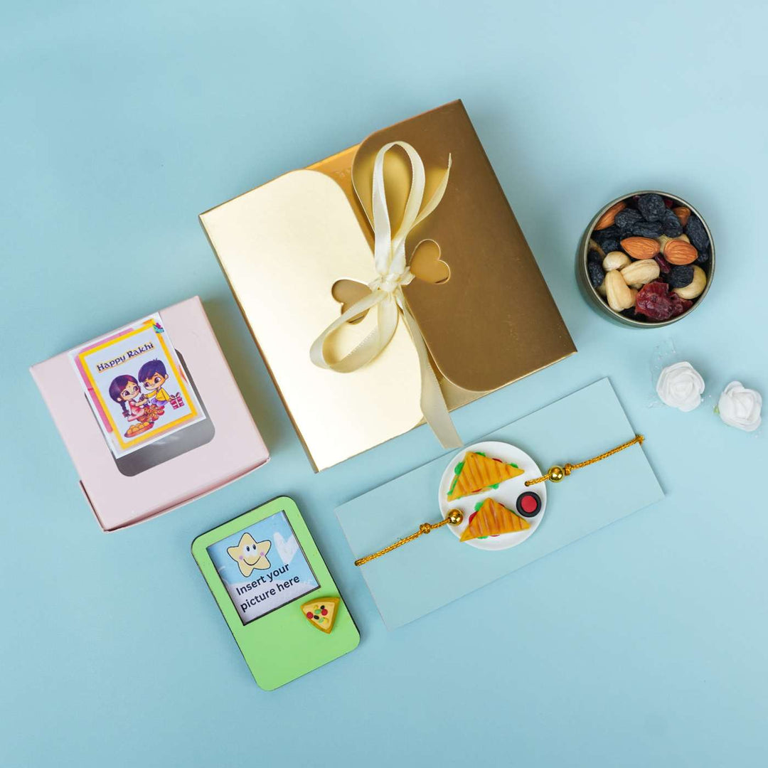 Handmade Miniature Clay Sandwich Rakhi With Roli Chawal - Gift set with packaging and extras
