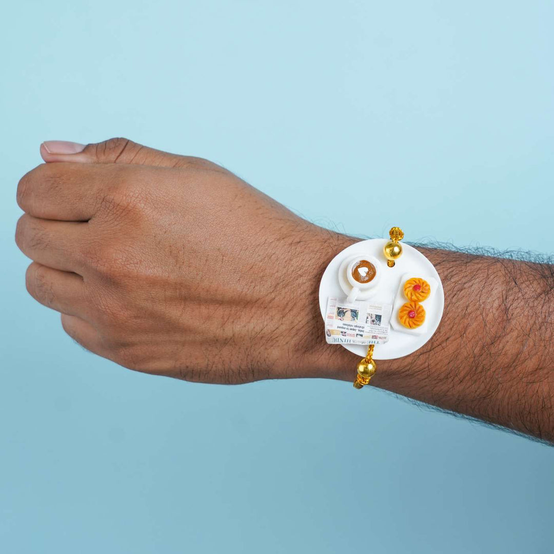 Handmade Miniature Clay Coffee Rakhi With Roli Chawal - Bracelet worn on wrist